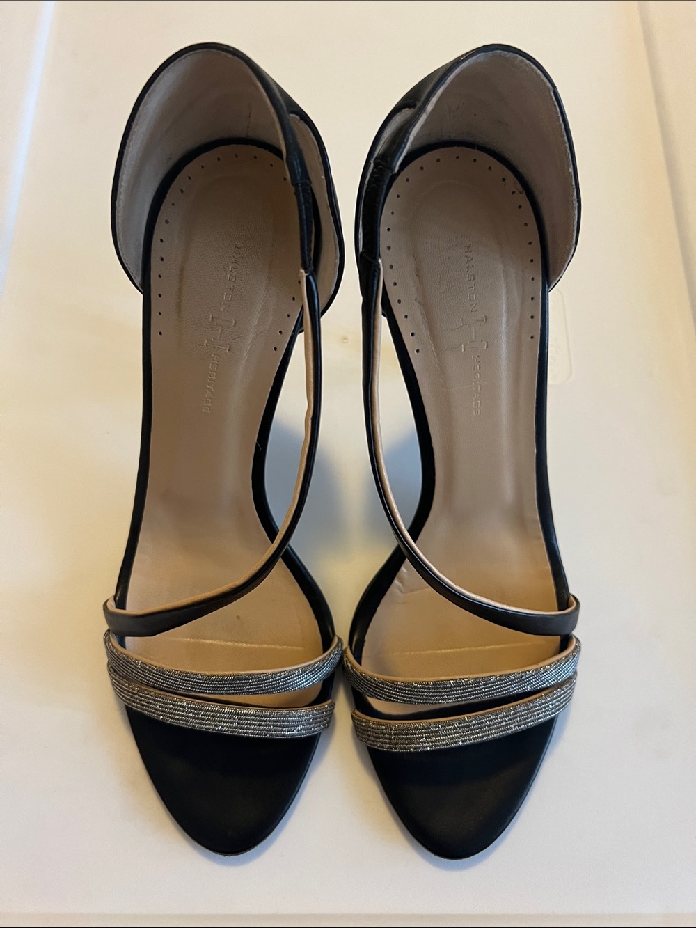 Halston Heritage Black Sandal Heels with Silver Straps